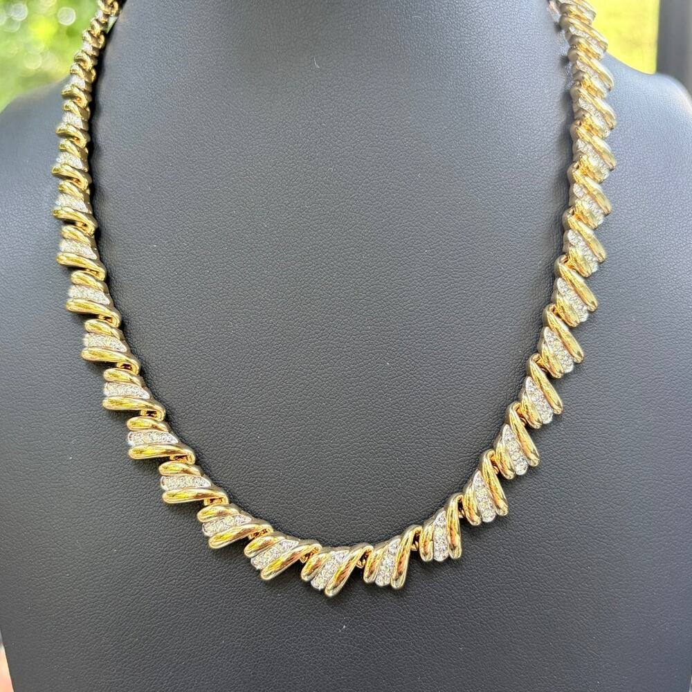 Nina Ricci Vintage Two-Tone Gold & Silver Rhinestone Scalloped Link Necklace 16"